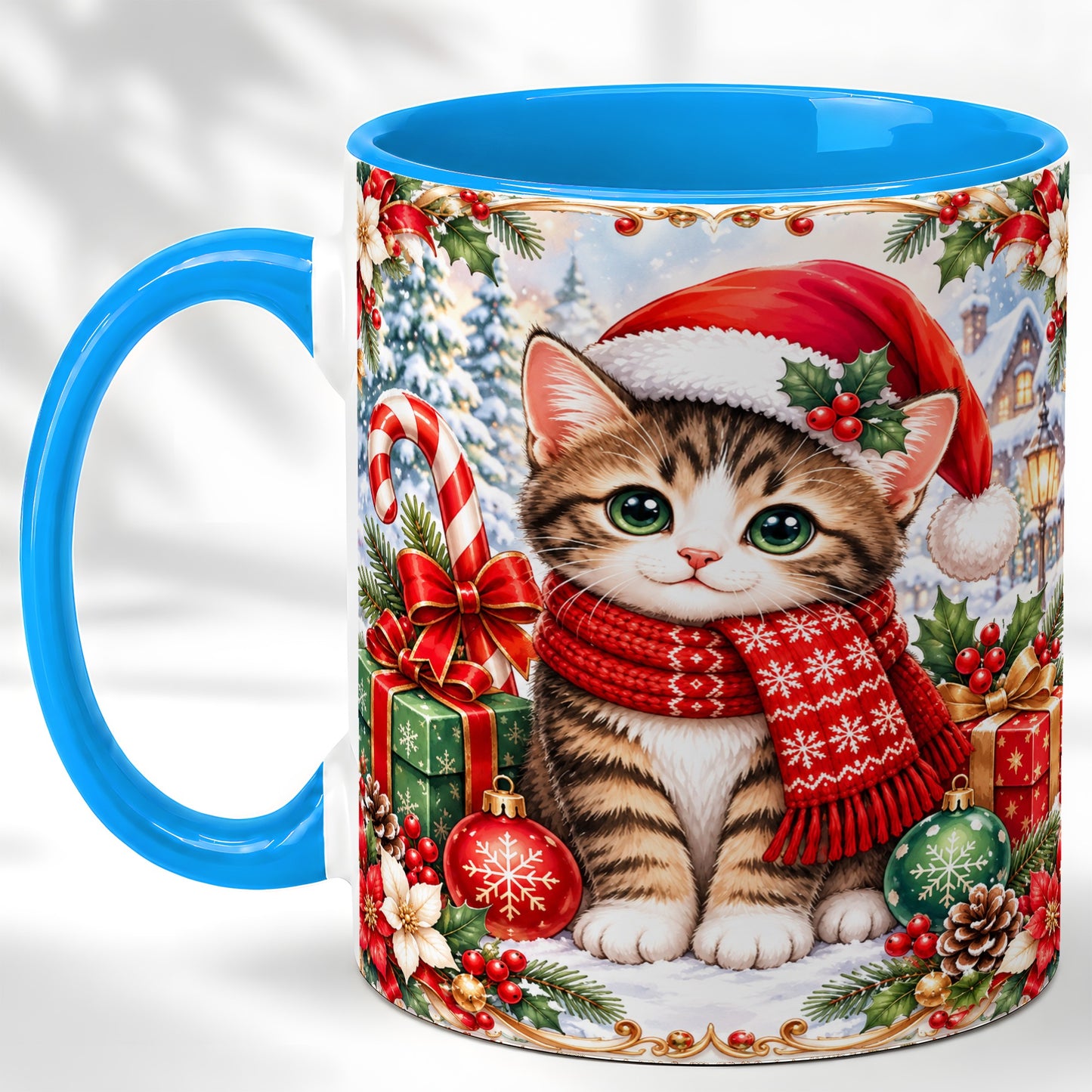 #pl[11oz|Blue] Christmas Kitten Coffee Mug, Holiday Cat Mug, Ceramic Cup