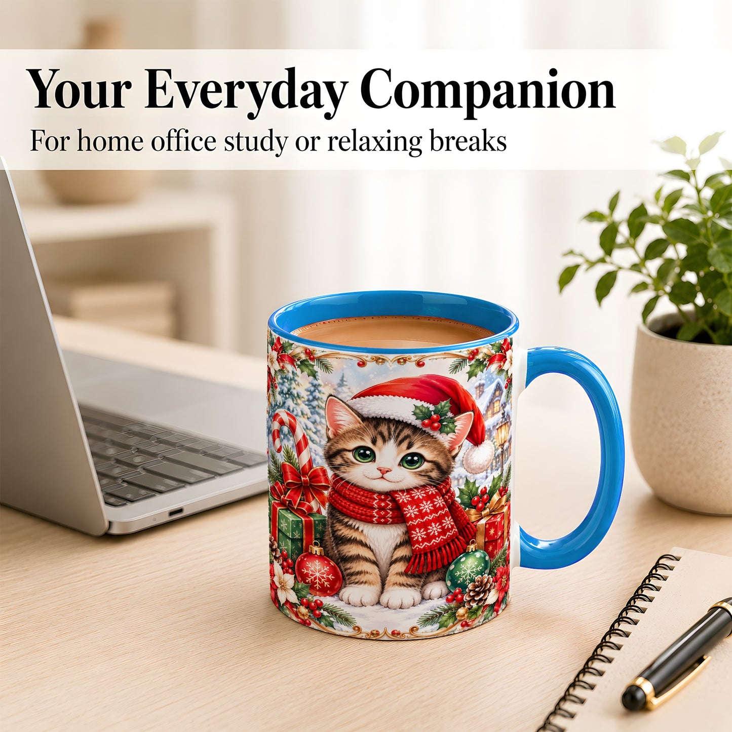 #pl[11oz|Blue] Christmas Kitten Coffee Mug, Holiday Cat Mug, Ceramic Cup