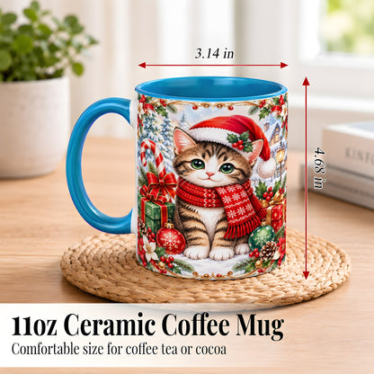 #pl[11oz|Blue] Christmas Kitten Coffee Mug, Holiday Cat Mug, Ceramic Cup