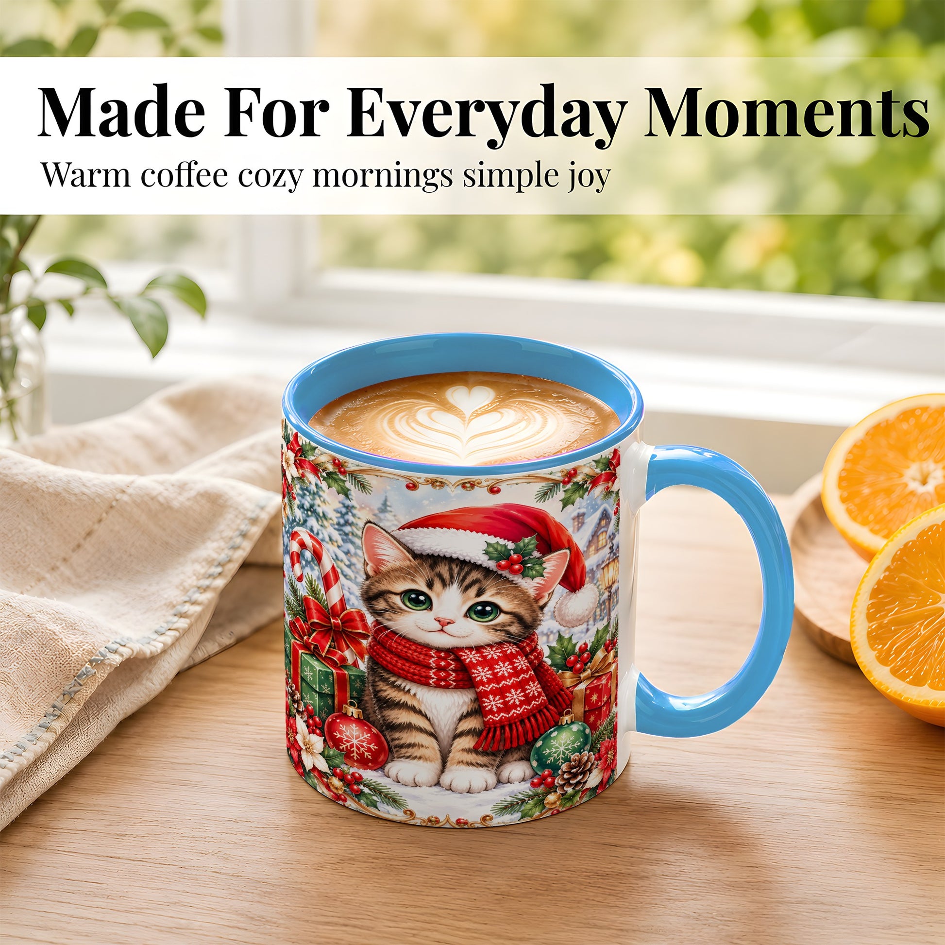 #pl[11oz|Blue] Christmas Kitten Coffee Mug, Holiday Cat Mug, Ceramic Cup