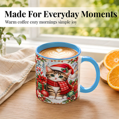 #pl[11oz|Blue] Christmas Kitten Coffee Mug, Holiday Cat Mug, Ceramic Cup