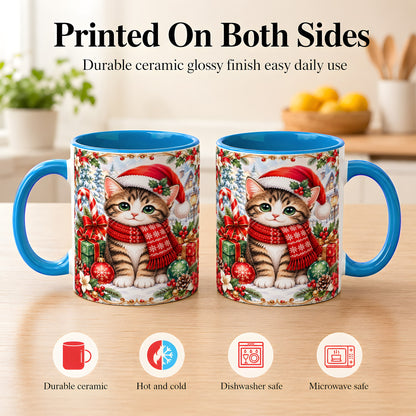 #pl[11oz|Blue] Christmas Kitten Coffee Mug, Holiday Cat Mug, Ceramic Cup