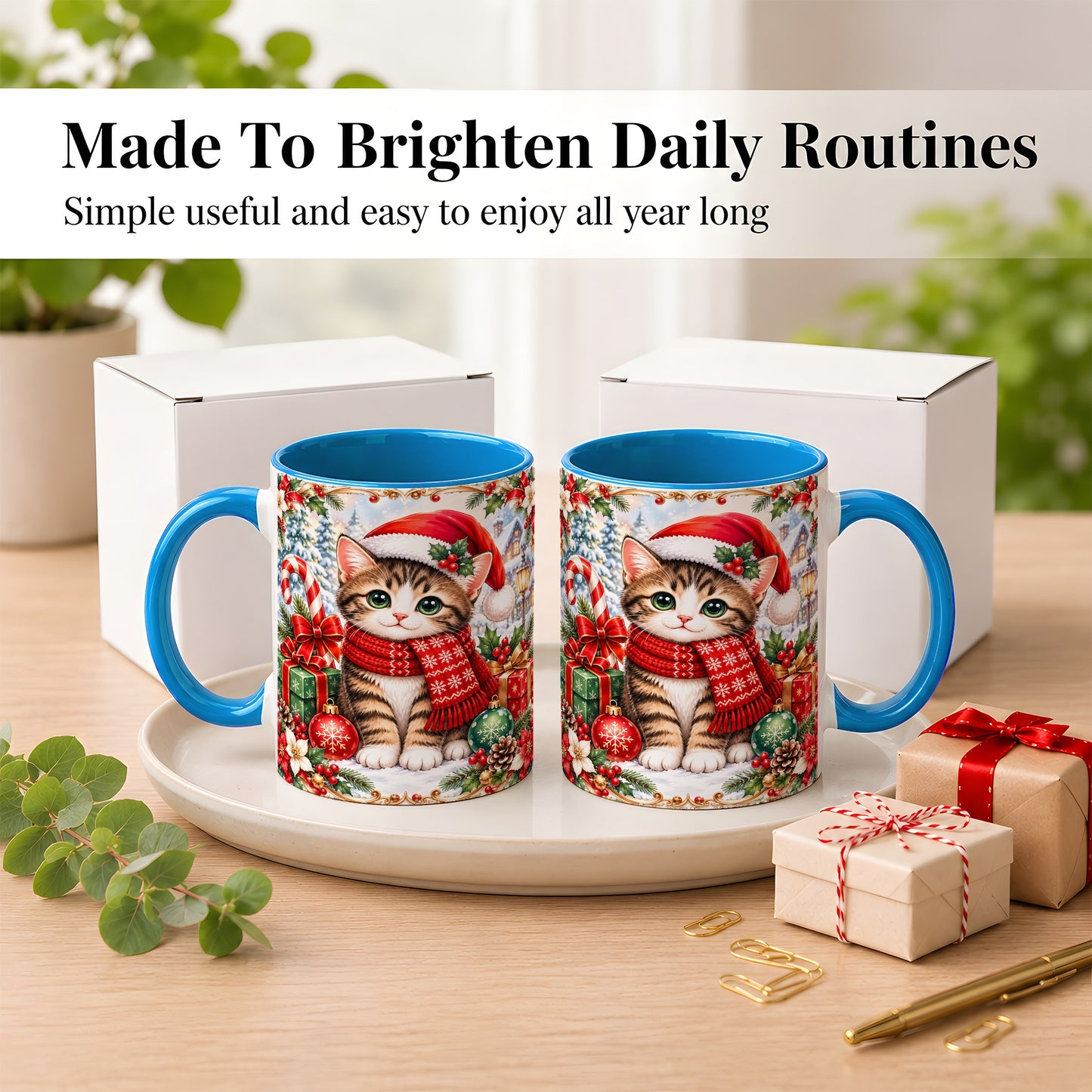 #pl[11oz|Blue] Christmas Kitten Coffee Mug, Holiday Cat Mug, Ceramic Cup