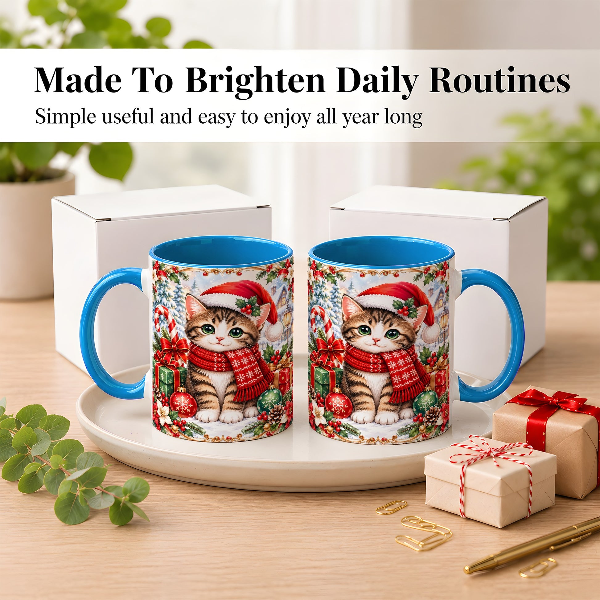 #pl[11oz|Blue] Christmas Kitten Coffee Mug, Holiday Cat Mug, Ceramic Cup
