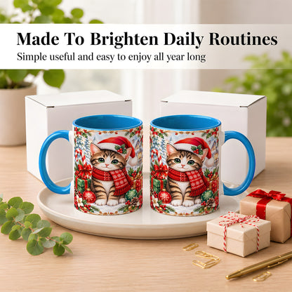 #pl[11oz|Blue] Christmas Kitten Coffee Mug, Holiday Cat Mug, Ceramic Cup