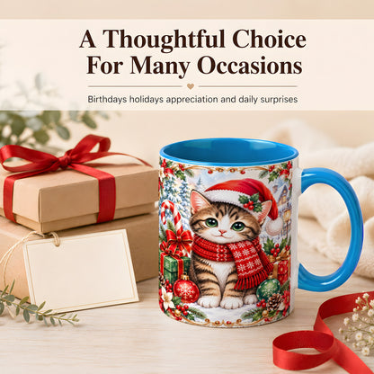 #pl[11oz|Blue] Christmas Kitten Coffee Mug, Holiday Cat Mug, Ceramic Cup