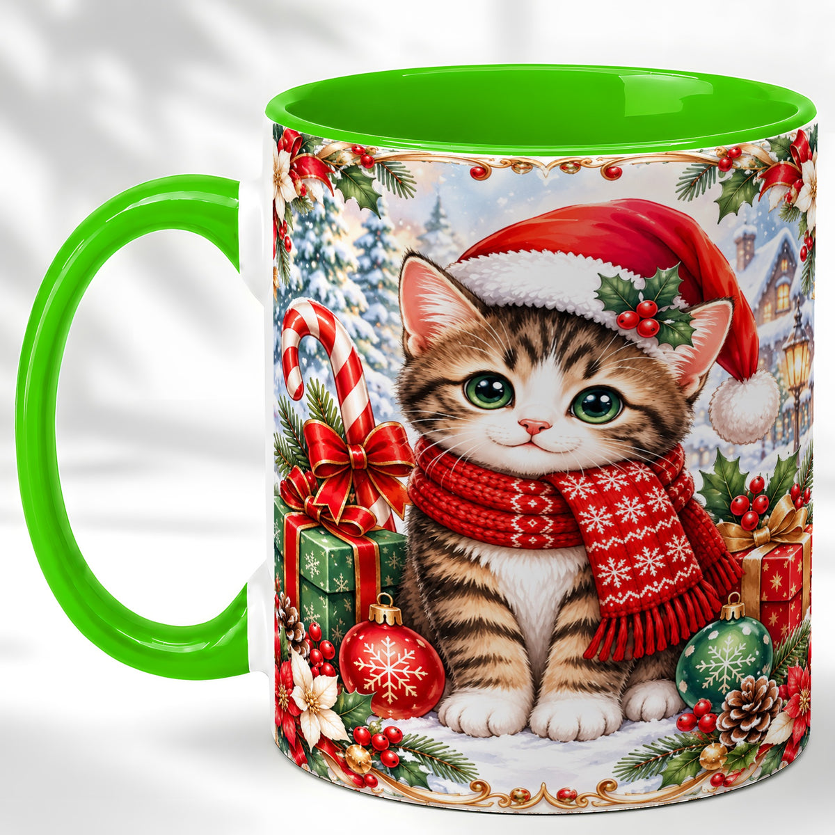 #pl[11oz|Green] Christmas Kitten Coffee Mug, Holiday Cat Mug, Ceramic Cup