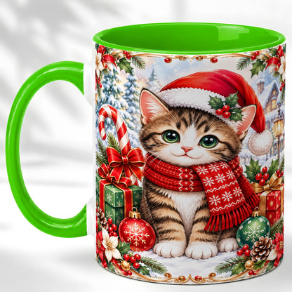 #pl[11oz|Green] Christmas Kitten Coffee Mug, Holiday Cat Mug, Ceramic Cup