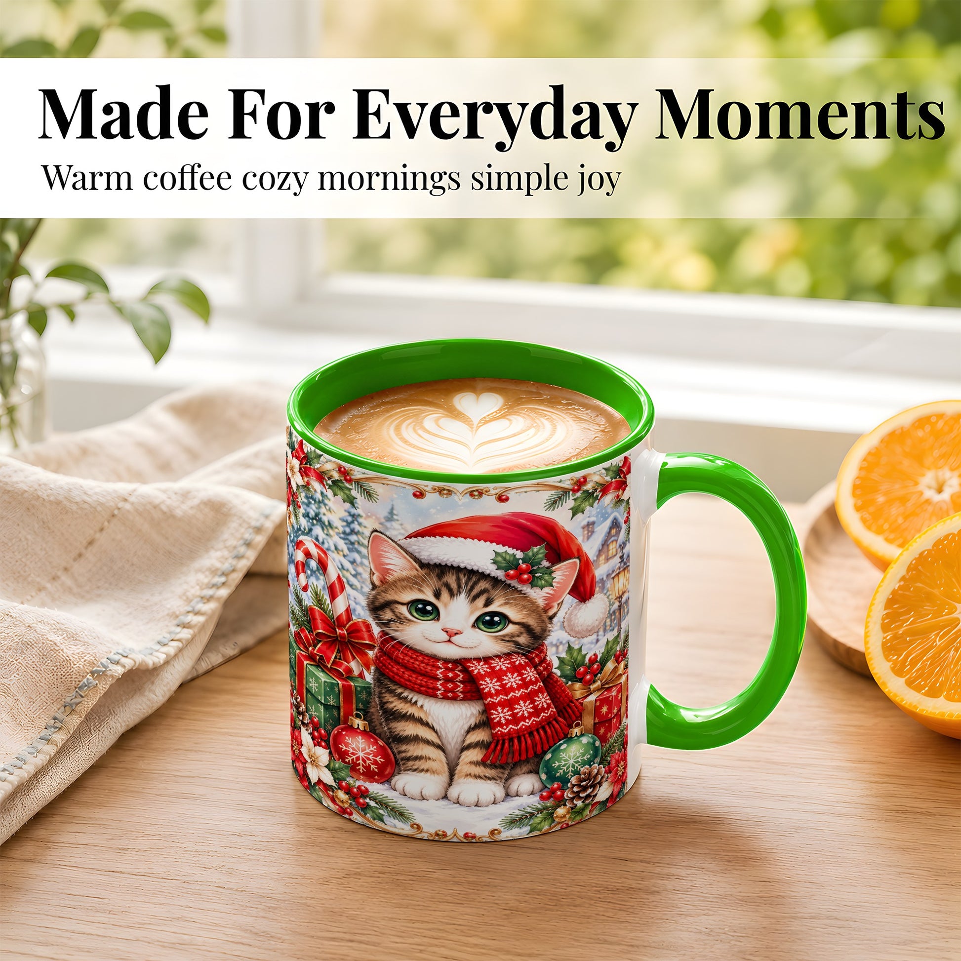 #pl[11oz|Green] Christmas Kitten Coffee Mug, Holiday Cat Mug, Ceramic Cup