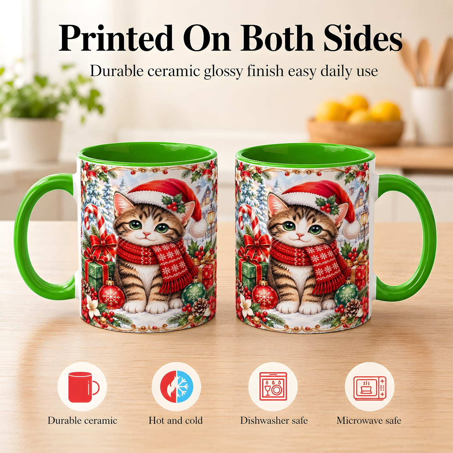 #pl[11oz|Green] Christmas Kitten Coffee Mug, Holiday Cat Mug, Ceramic Cup