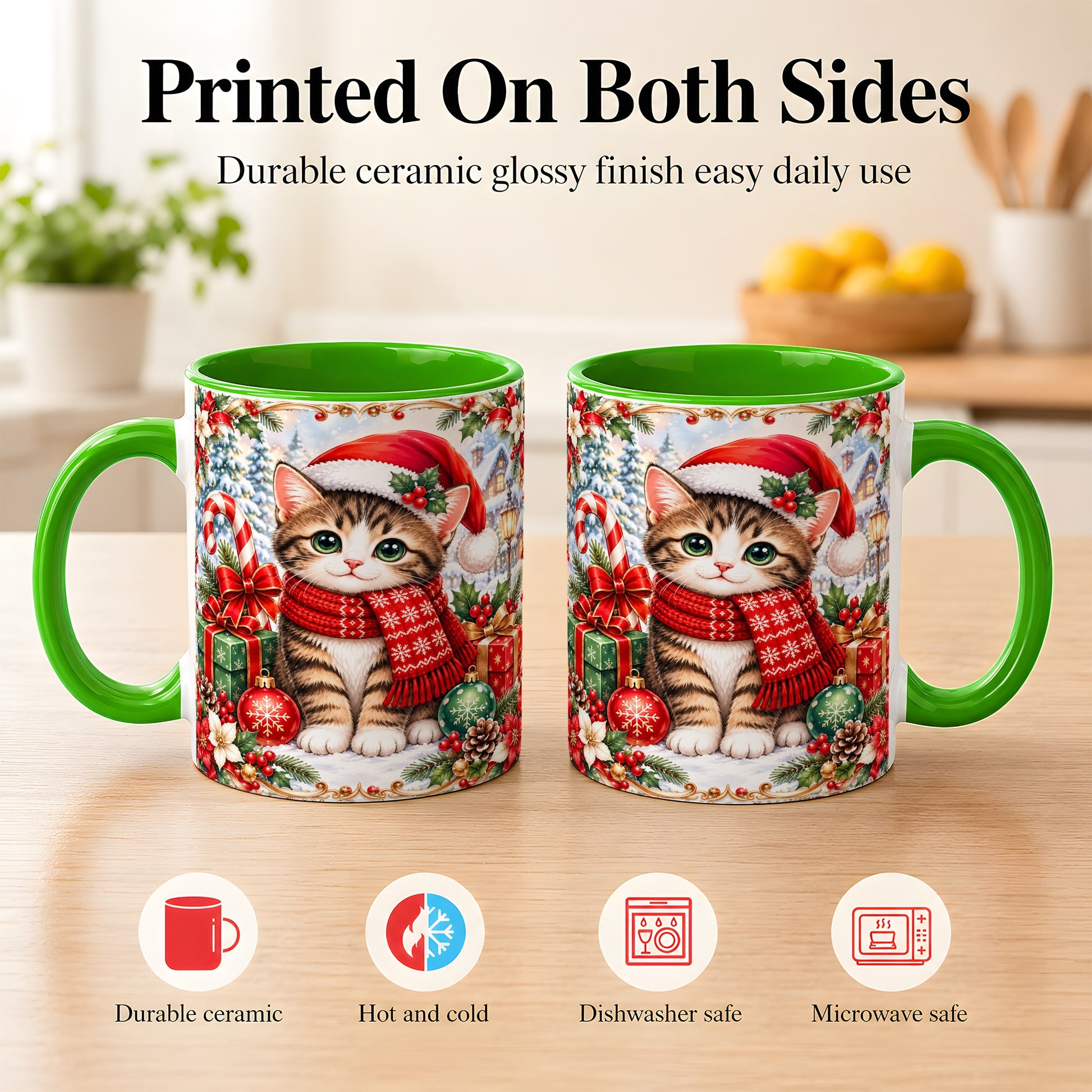 #pl[11oz|Green] Christmas Kitten Coffee Mug, Holiday Cat Mug, Ceramic Cup