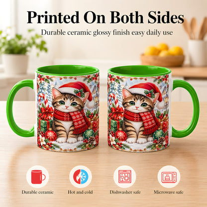 #pl[11oz|Green] Christmas Kitten Coffee Mug, Holiday Cat Mug, Ceramic Cup