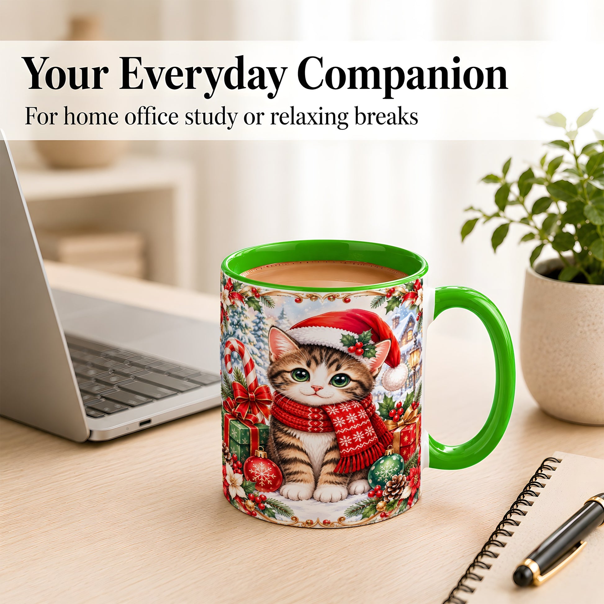 #pl[11oz|Green] Christmas Kitten Coffee Mug, Holiday Cat Mug, Ceramic Cup