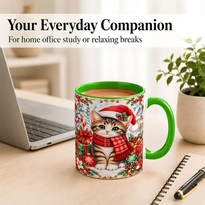 #pl[11oz|Green] Christmas Kitten Coffee Mug, Holiday Cat Mug, Ceramic Cup