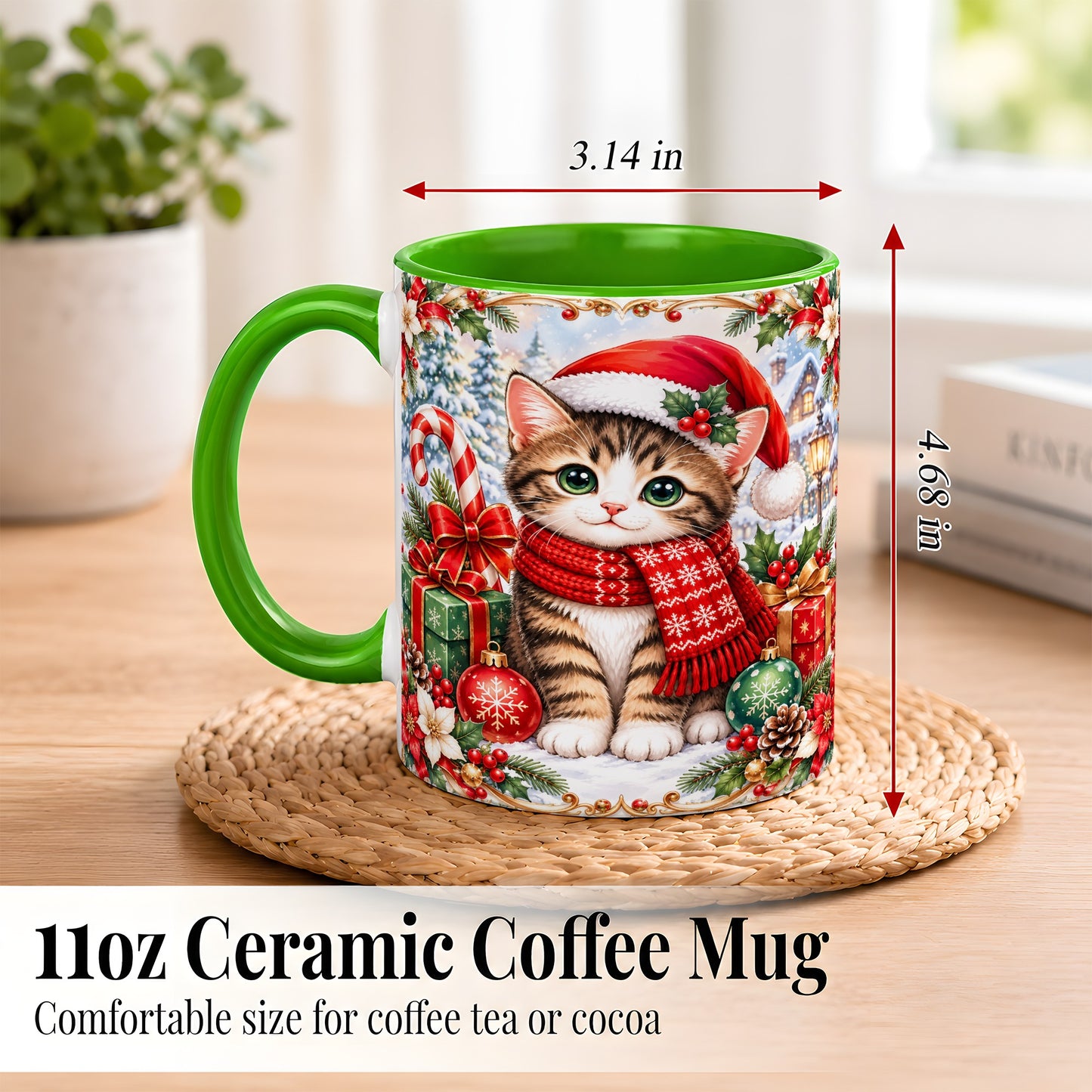#pl[11oz|Green] Christmas Kitten Coffee Mug, Holiday Cat Mug, Ceramic Cup