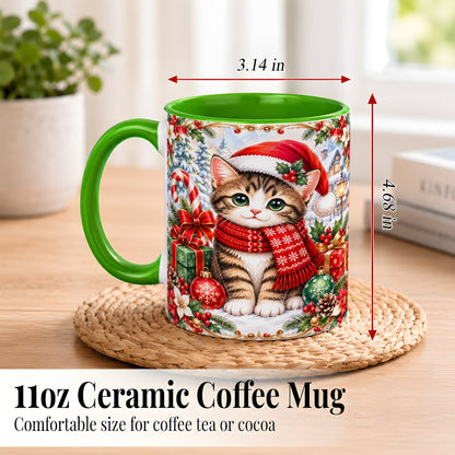 #pl[11oz|Green] Christmas Kitten Coffee Mug, Holiday Cat Mug, Ceramic Cup