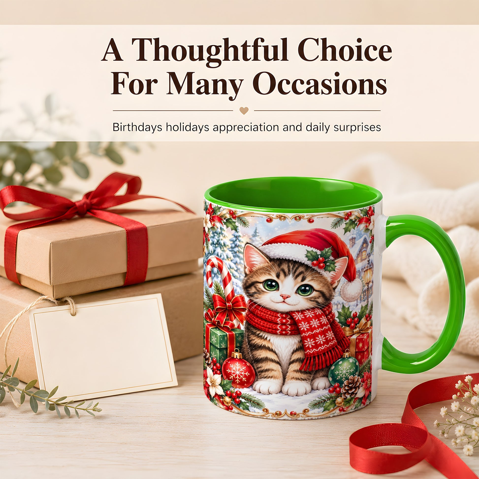 #pl[11oz|Green] Christmas Kitten Coffee Mug, Holiday Cat Mug, Ceramic Cup