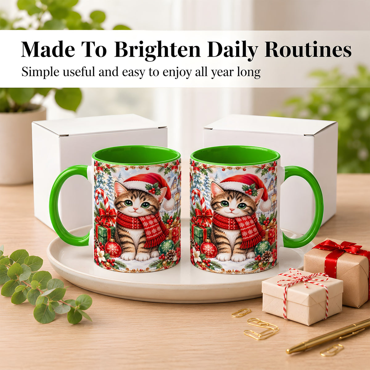 #pl[11oz|Green] Christmas Kitten Coffee Mug, Holiday Cat Mug, Ceramic Cup