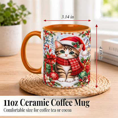 #pl[11oz|Orange] Christmas Kitten Coffee Mug, Holiday Cat Mug, Ceramic Cup