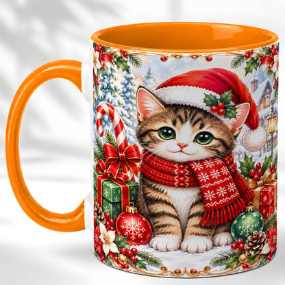 #pl[11oz|Orange] Christmas Kitten Coffee Mug, Holiday Cat Mug, Ceramic Cup