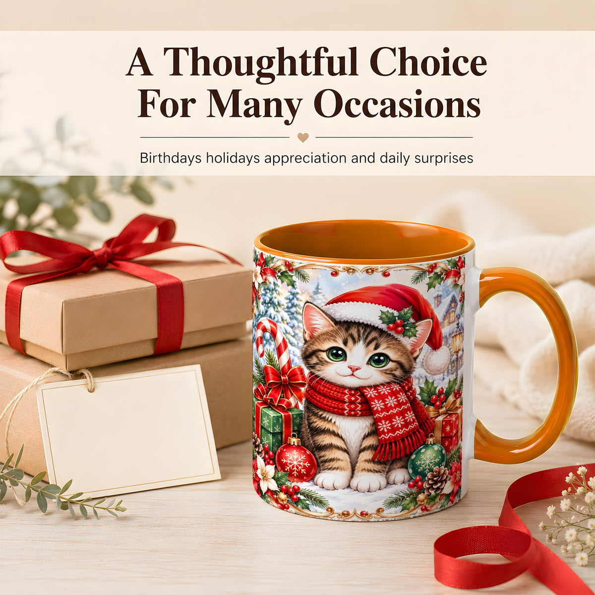 #pl[11oz|Orange] Christmas Kitten Coffee Mug, Holiday Cat Mug, Ceramic Cup