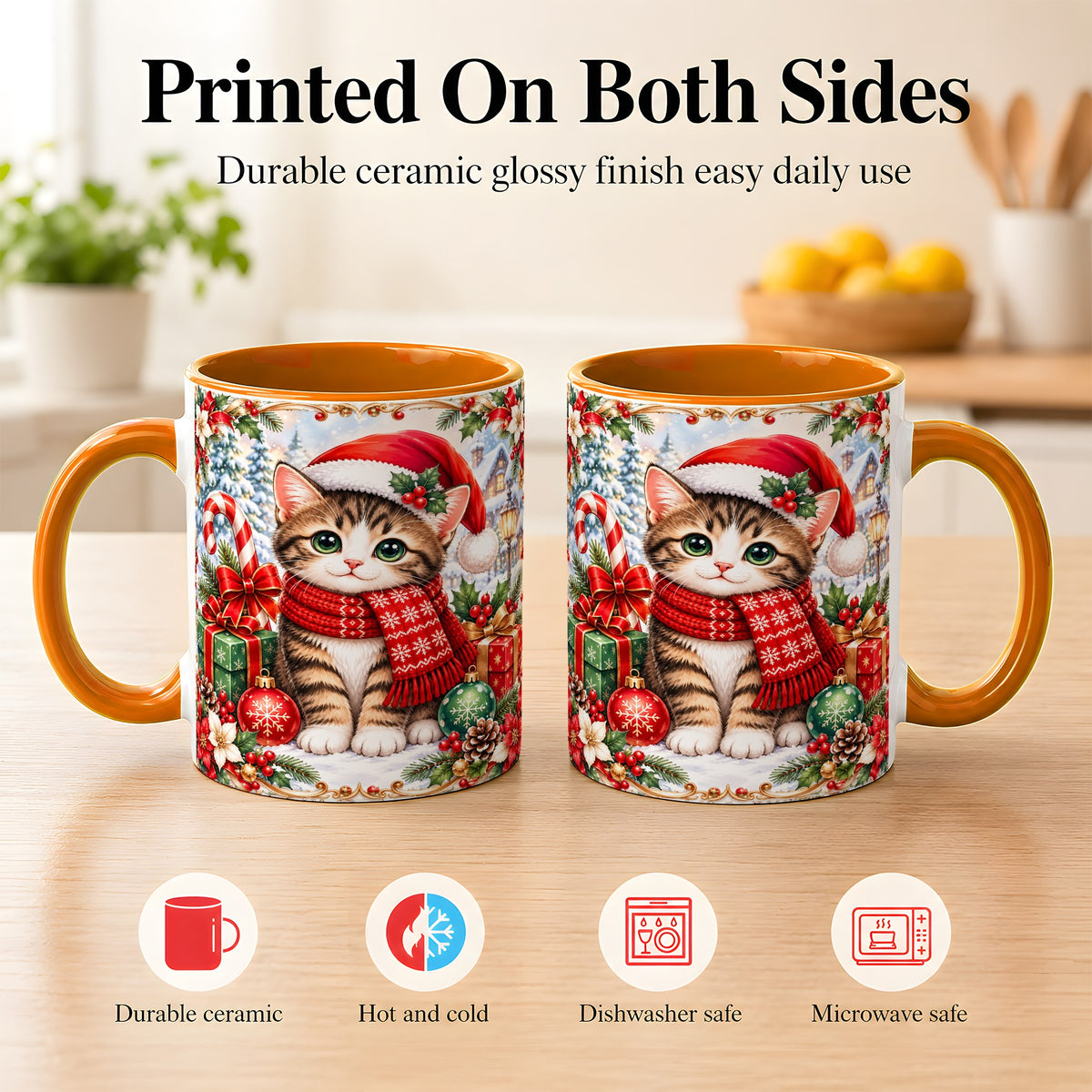 #pl[11oz|Orange] Christmas Kitten Coffee Mug, Holiday Cat Mug, Ceramic Cup