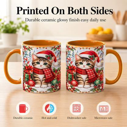 #pl[11oz|Orange] Christmas Kitten Coffee Mug, Holiday Cat Mug, Ceramic Cup