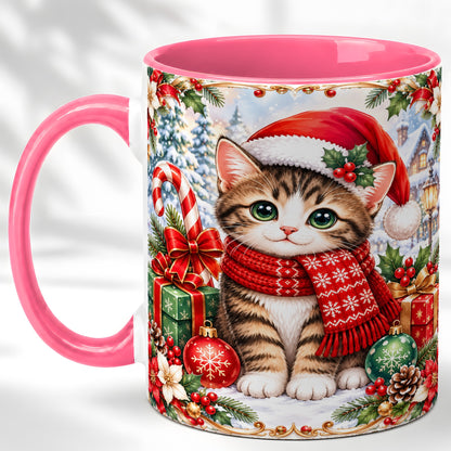 #pl[11oz|Pink] Christmas Kitten Coffee Mug, Holiday Cat Mug, Ceramic Cup