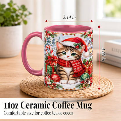 #pl[11oz|Pink] Christmas Kitten Coffee Mug, Holiday Cat Mug, Ceramic Cup