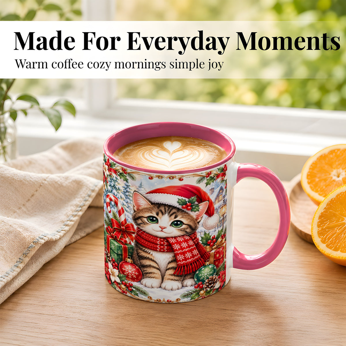 #pl[11oz|Pink] Christmas Kitten Coffee Mug, Holiday Cat Mug, Ceramic Cup