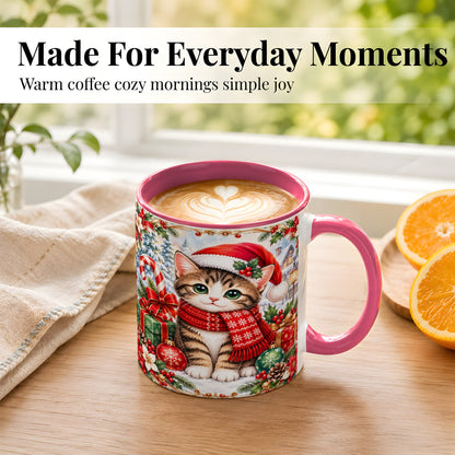 #pl[11oz|Pink] Christmas Kitten Coffee Mug, Holiday Cat Mug, Ceramic Cup