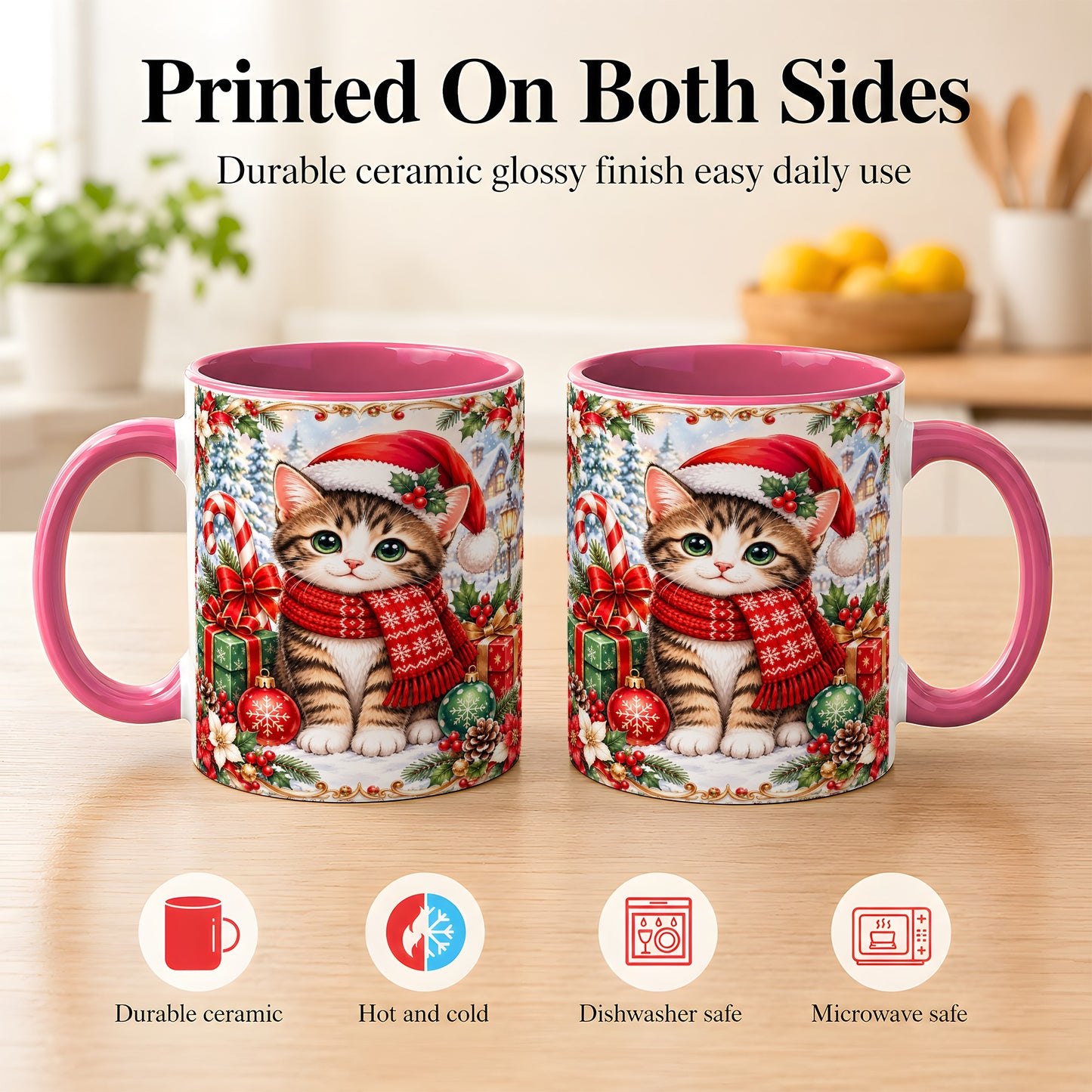 #pl[11oz|Pink] Christmas Kitten Coffee Mug, Holiday Cat Mug, Ceramic Cup