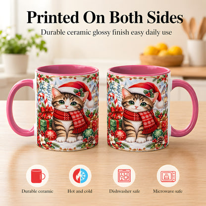 #pl[11oz|Pink] Christmas Kitten Coffee Mug, Holiday Cat Mug, Ceramic Cup