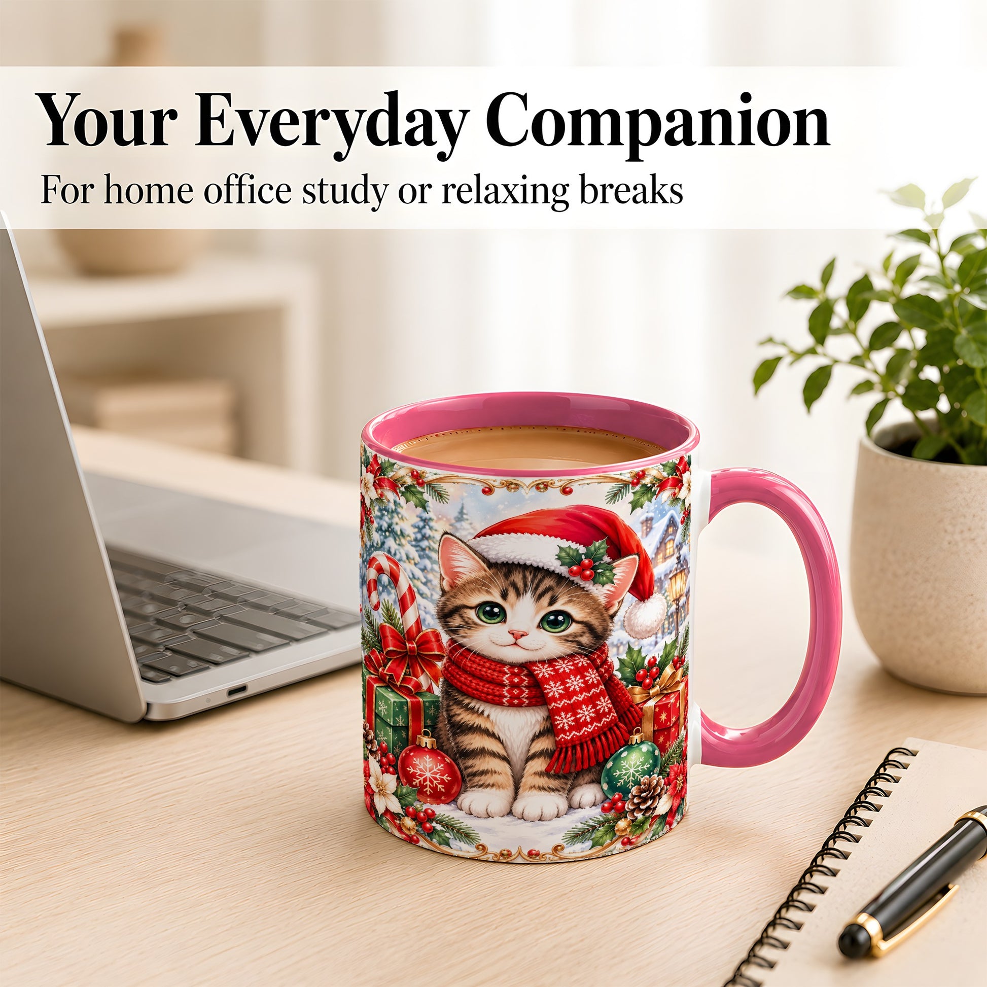 #pl[11oz|Pink] Christmas Kitten Coffee Mug, Holiday Cat Mug, Ceramic Cup