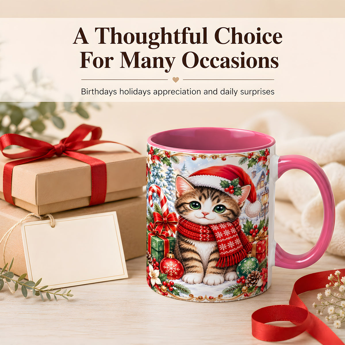 #pl[11oz|Pink] Christmas Kitten Coffee Mug, Holiday Cat Mug, Ceramic Cup