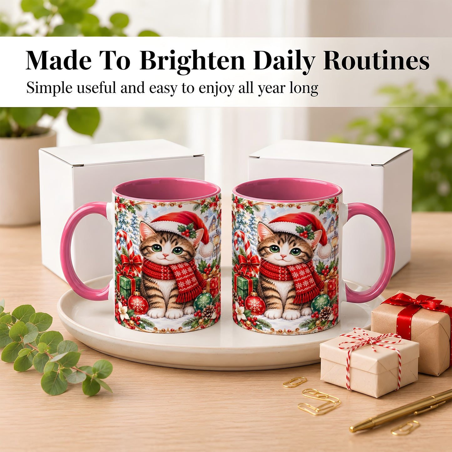 #pl[11oz|Pink] Christmas Kitten Coffee Mug, Holiday Cat Mug, Ceramic Cup