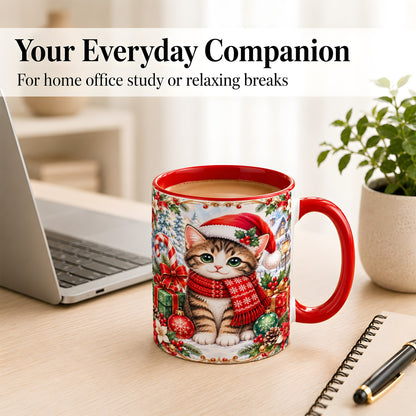 #pl[11oz|Red] Christmas Kitten Coffee Mug, Holiday Cat Mug, Ceramic Cup