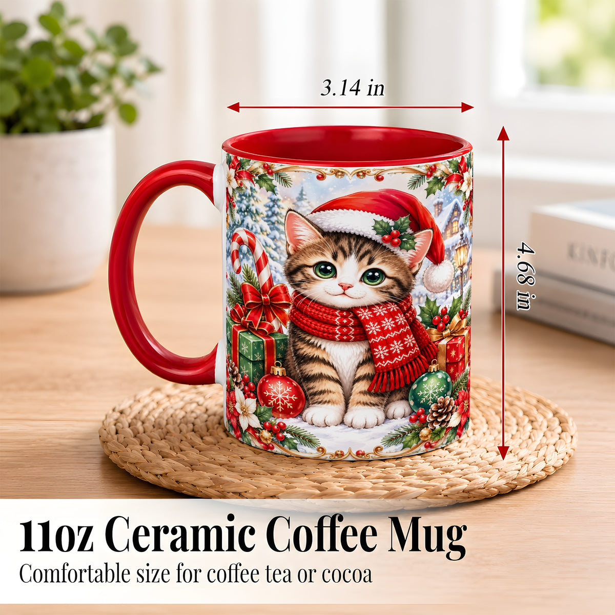 #pl[11oz|Red] Christmas Kitten Coffee Mug, Holiday Cat Mug, Ceramic Cup