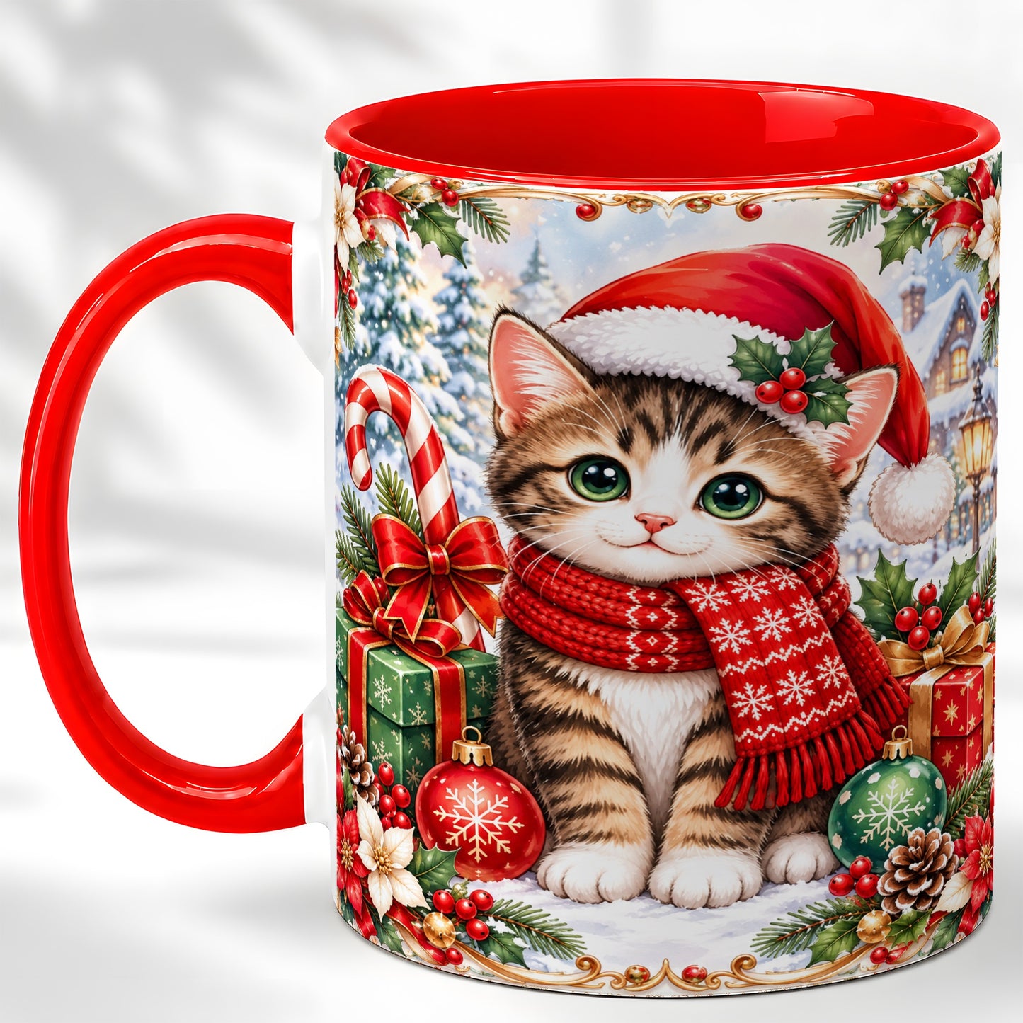 Christmas Kitten Coffee Mug, Holiday Cat Mug, Ceramic Cup