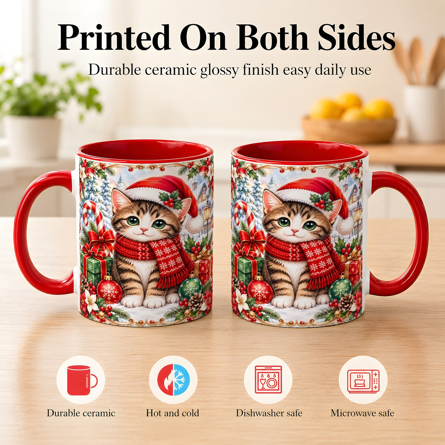 #pl[11oz|Red] Christmas Kitten Coffee Mug, Holiday Cat Mug, Ceramic Cup