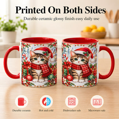 #pl[11oz|Red] Christmas Kitten Coffee Mug, Holiday Cat Mug, Ceramic Cup