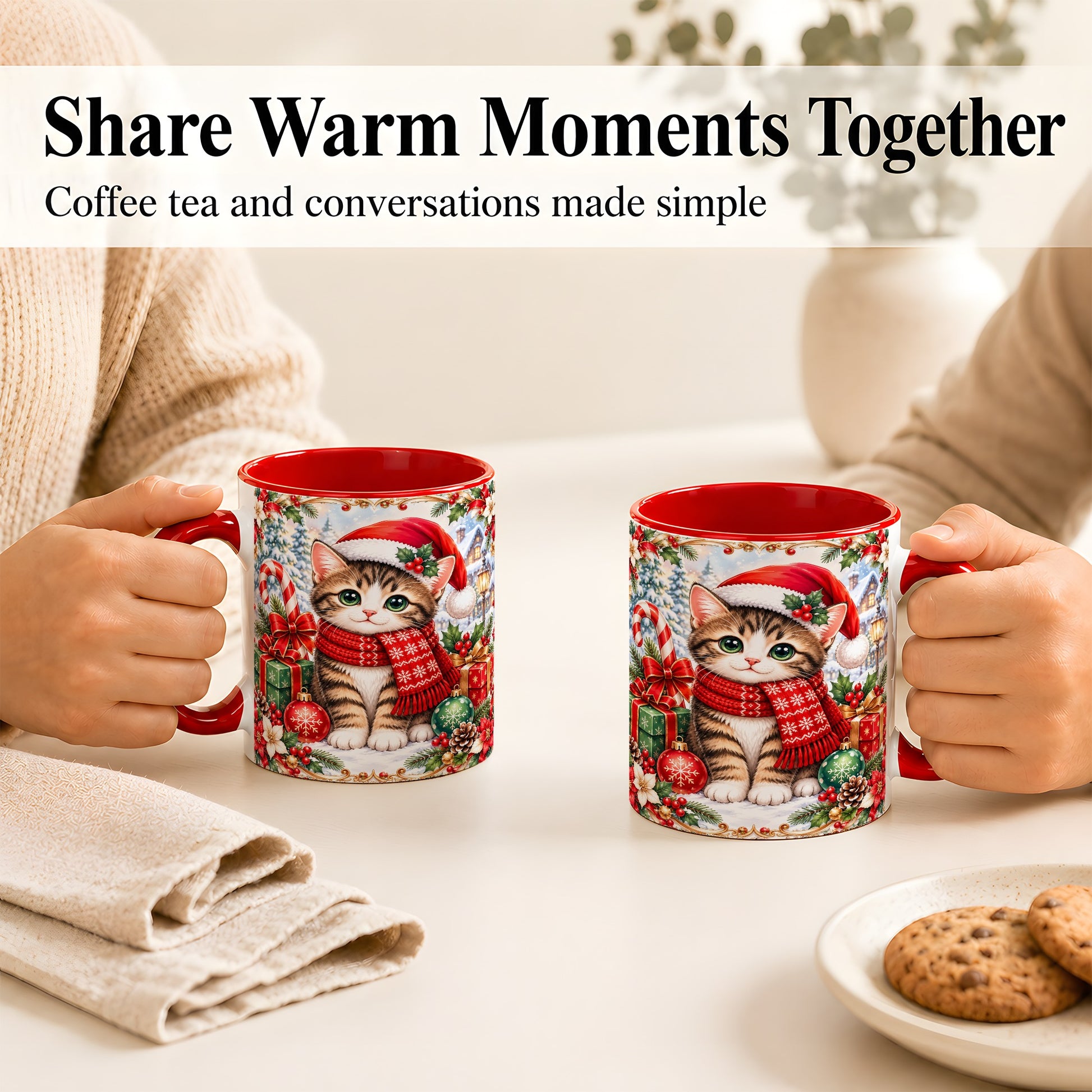 #pl[11oz|Red] Christmas Kitten Coffee Mug, Holiday Cat Mug, Ceramic Cup