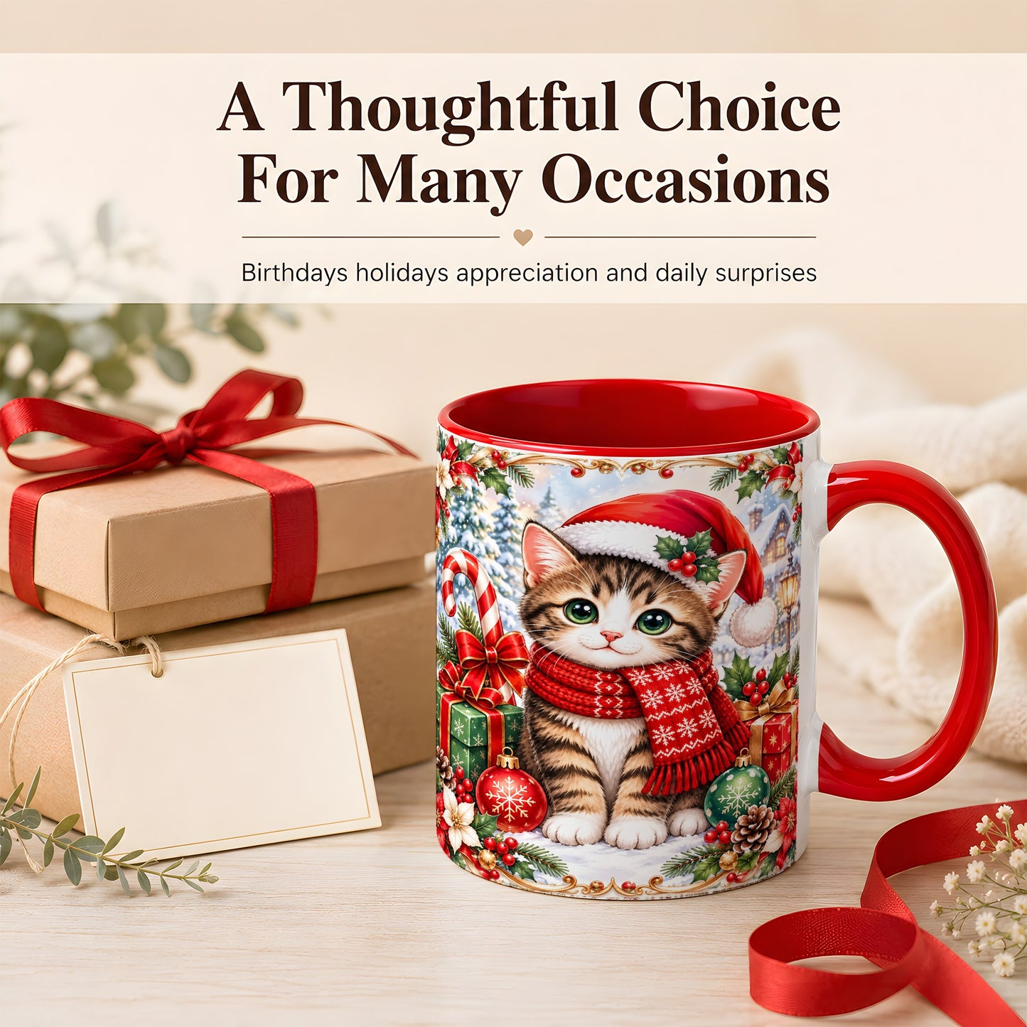 #pl[11oz|Red] Christmas Kitten Coffee Mug, Holiday Cat Mug, Ceramic Cup