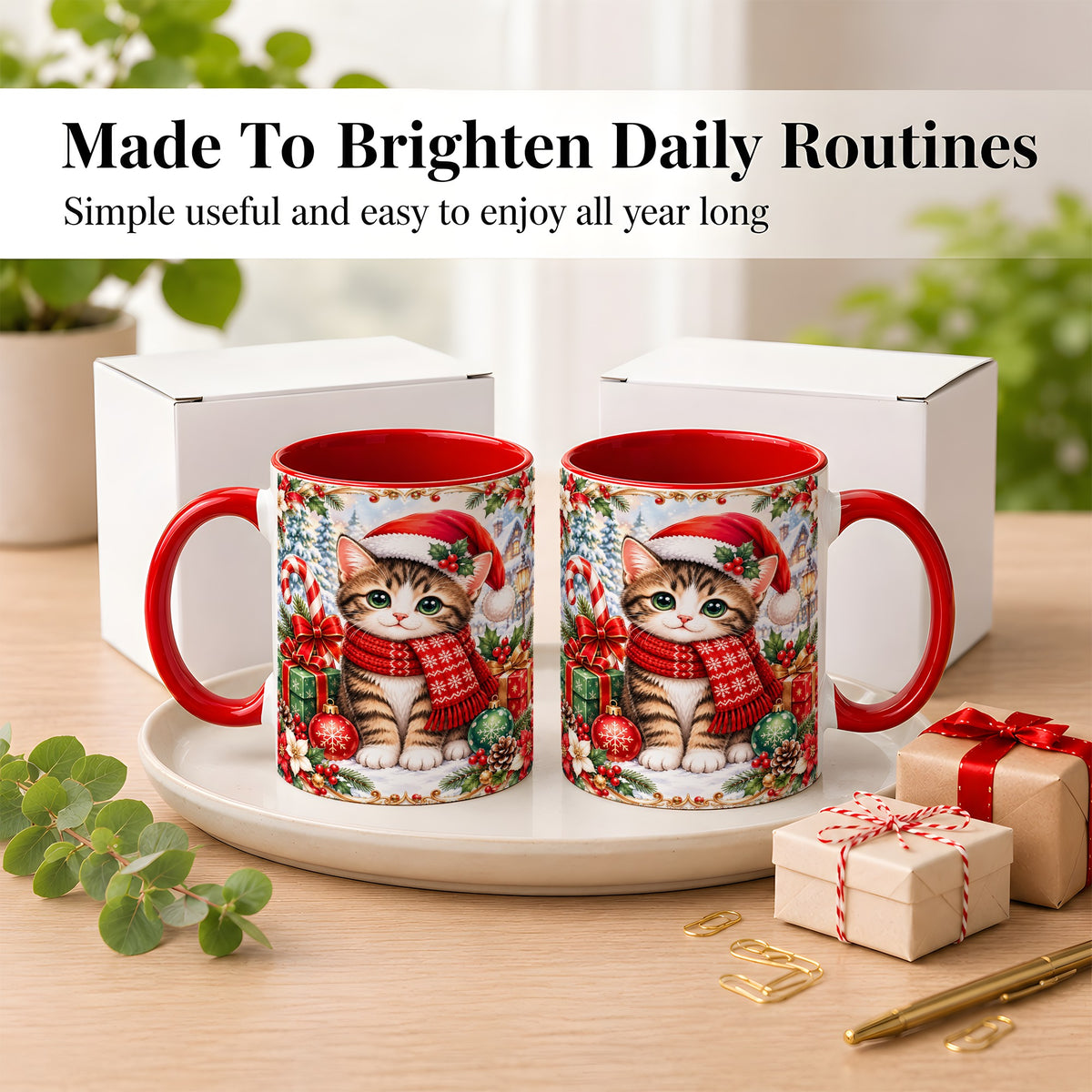 #pl[11oz|Red] Christmas Kitten Coffee Mug, Holiday Cat Mug, Ceramic Cup