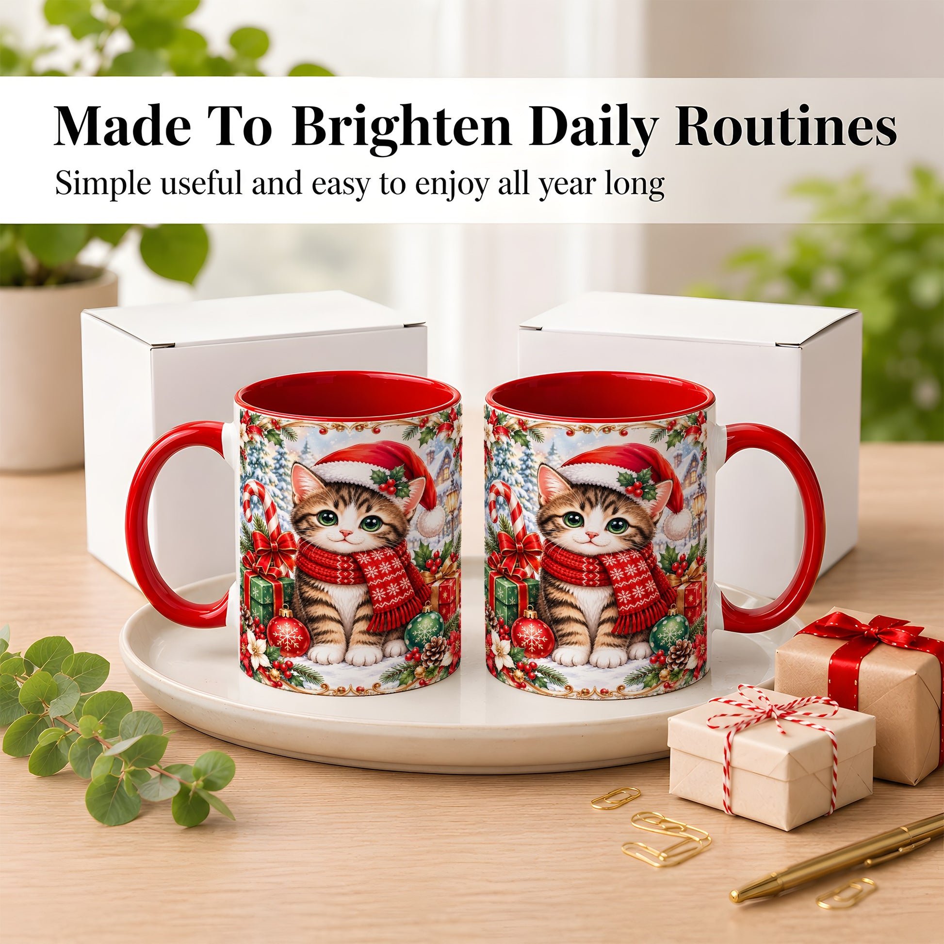 #pl[11oz|Red] Christmas Kitten Coffee Mug, Holiday Cat Mug, Ceramic Cup