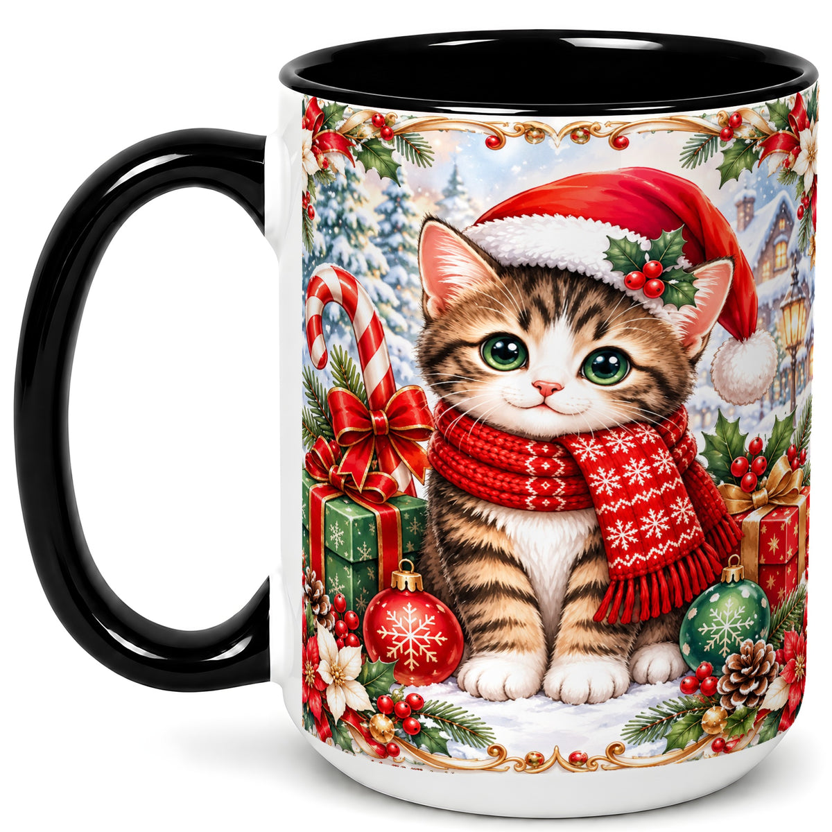 #pl[15oz|Black] Christmas Kitten Coffee Mug, Holiday Cat Mug, Ceramic Cup