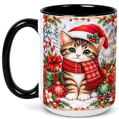 #pl[15oz|Black] Christmas Kitten Coffee Mug, Holiday Cat Mug, Ceramic Cup