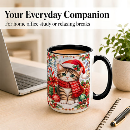 #pl[15oz|Black] Christmas Kitten Coffee Mug, Holiday Cat Mug, Ceramic Cup