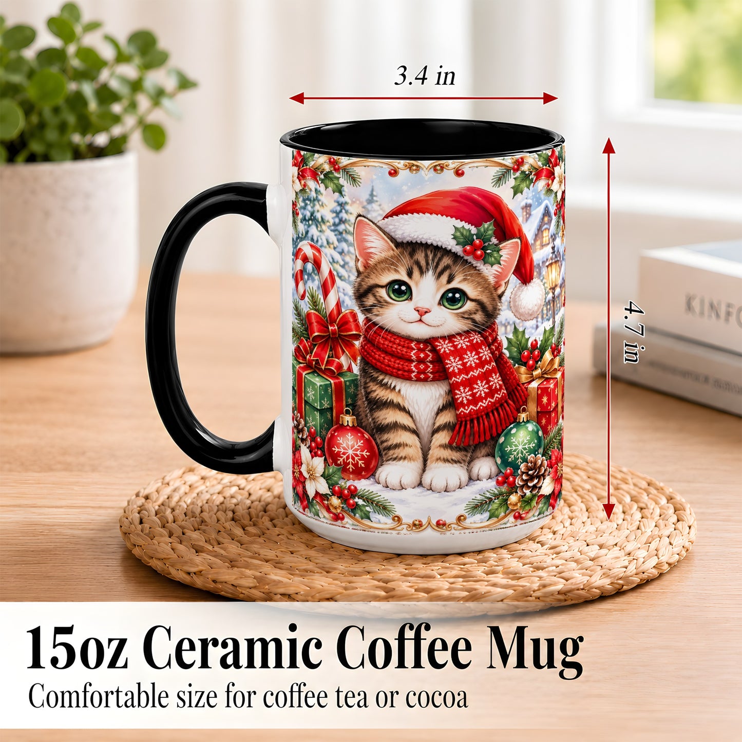 #pl[15oz|Black] Christmas Kitten Coffee Mug, Holiday Cat Mug, Ceramic Cup