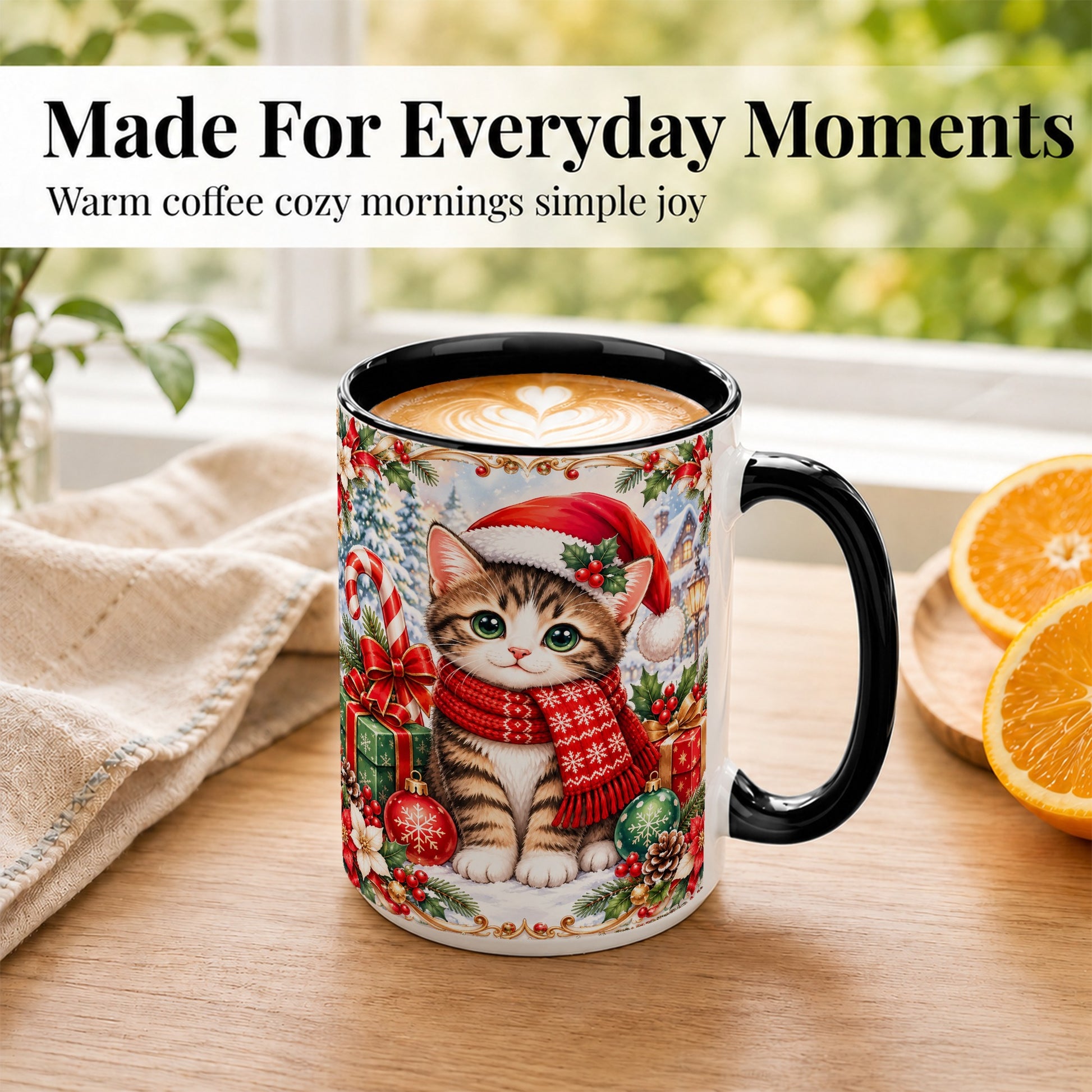 #pl[15oz|Black] Christmas Kitten Coffee Mug, Holiday Cat Mug, Ceramic Cup